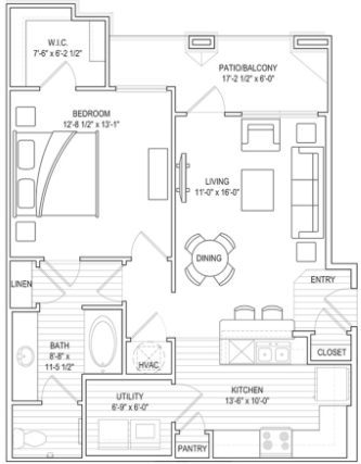 Floor plan for 1 bed, 1 bath, 809 sqft